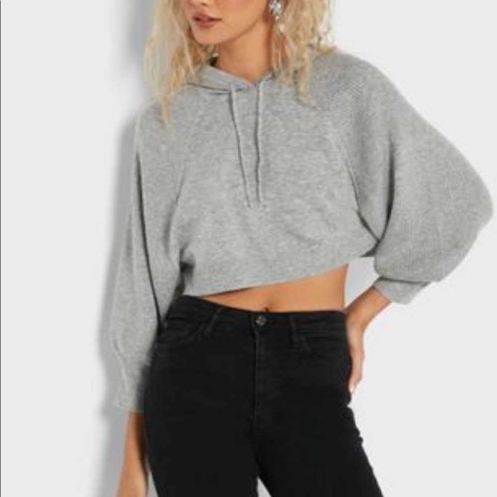 Topshop Petite Wool Blend Hooded Ribbed Cropped Sweater Gray S